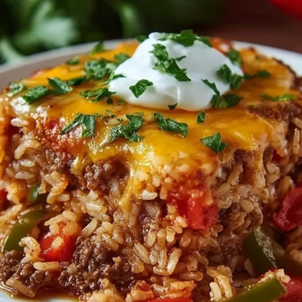 Cheesy Stuffed Pepper Casserole baked in a glass dish, topped with melted mozzarella and garnished with fresh parsley. The filling is a savory mix of ground beef, rice, bell peppers, and rich tomato sauce.