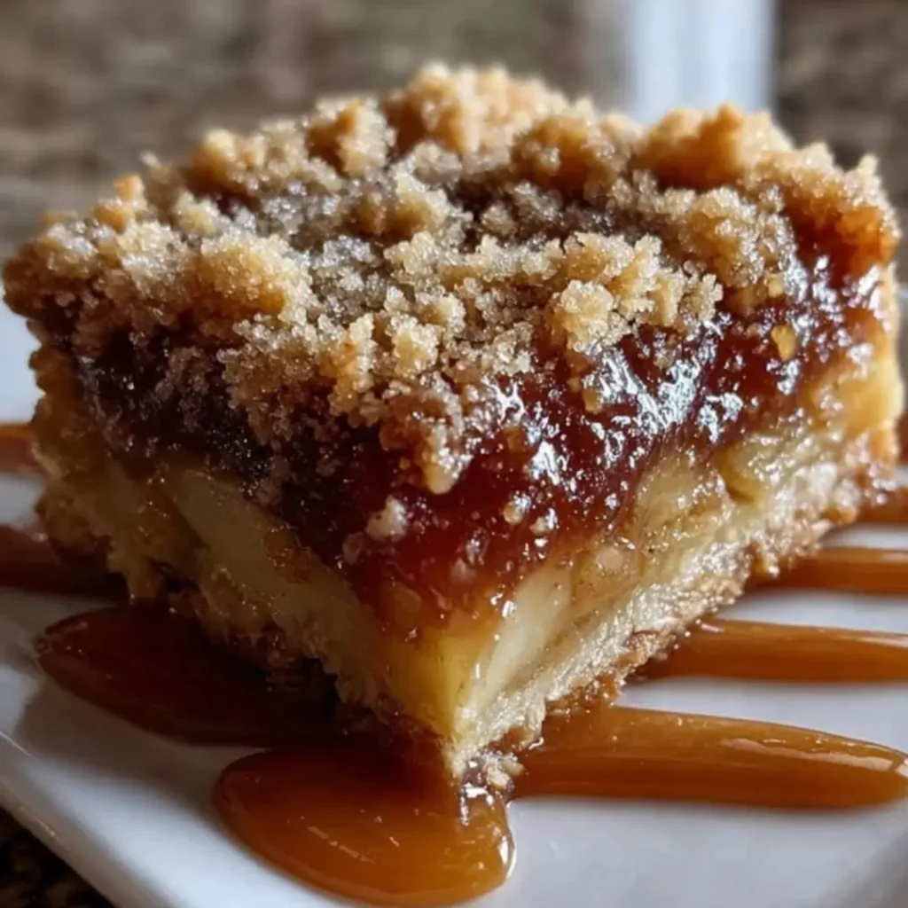 Close-up of a salted caramel apple bar showing the buttery crust, spiced apple filling, and caramel drizzle.