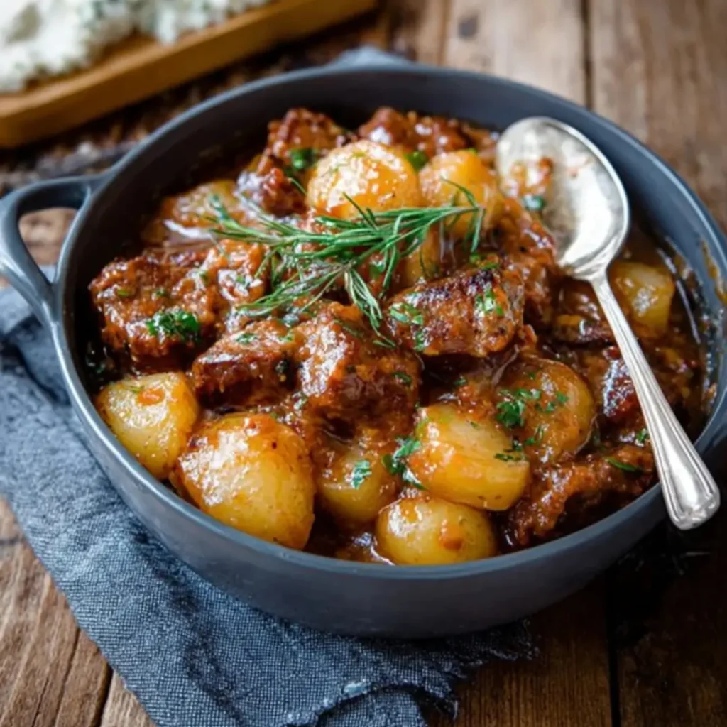 Saucy Hungarian Red Potato Goulash in a bowl, garnished with fresh parsley and a side of crusty bread.