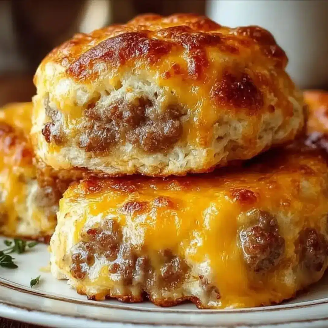 Sausage Cheese Butter Swim Biscuits sliced into squares in a 9x9 baking dish with a golden crust and visible melted butter.