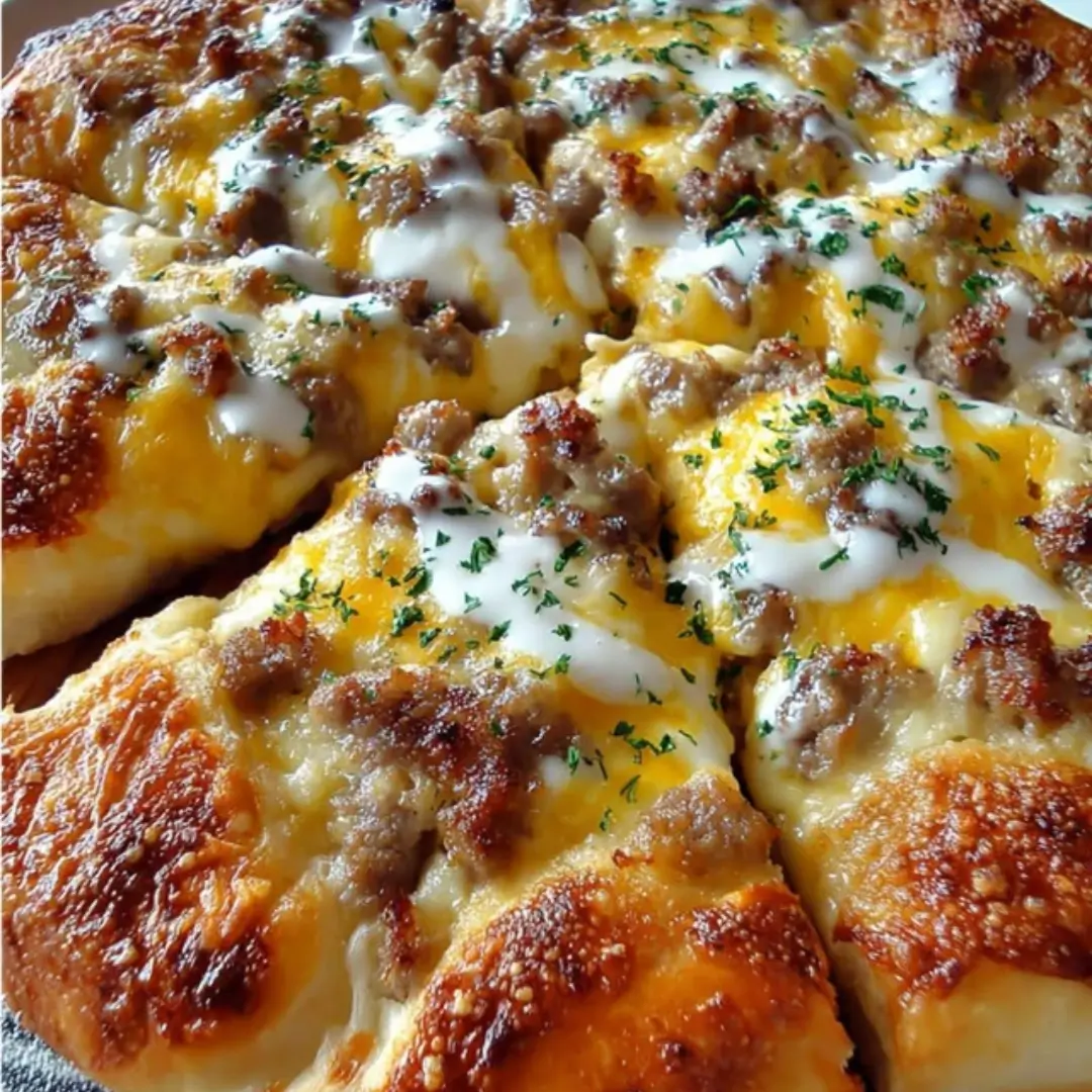 Close-up of homemade Sausage Gravy Pizza with cheddar and mozzarella, topped with chopped green onions and parsley.