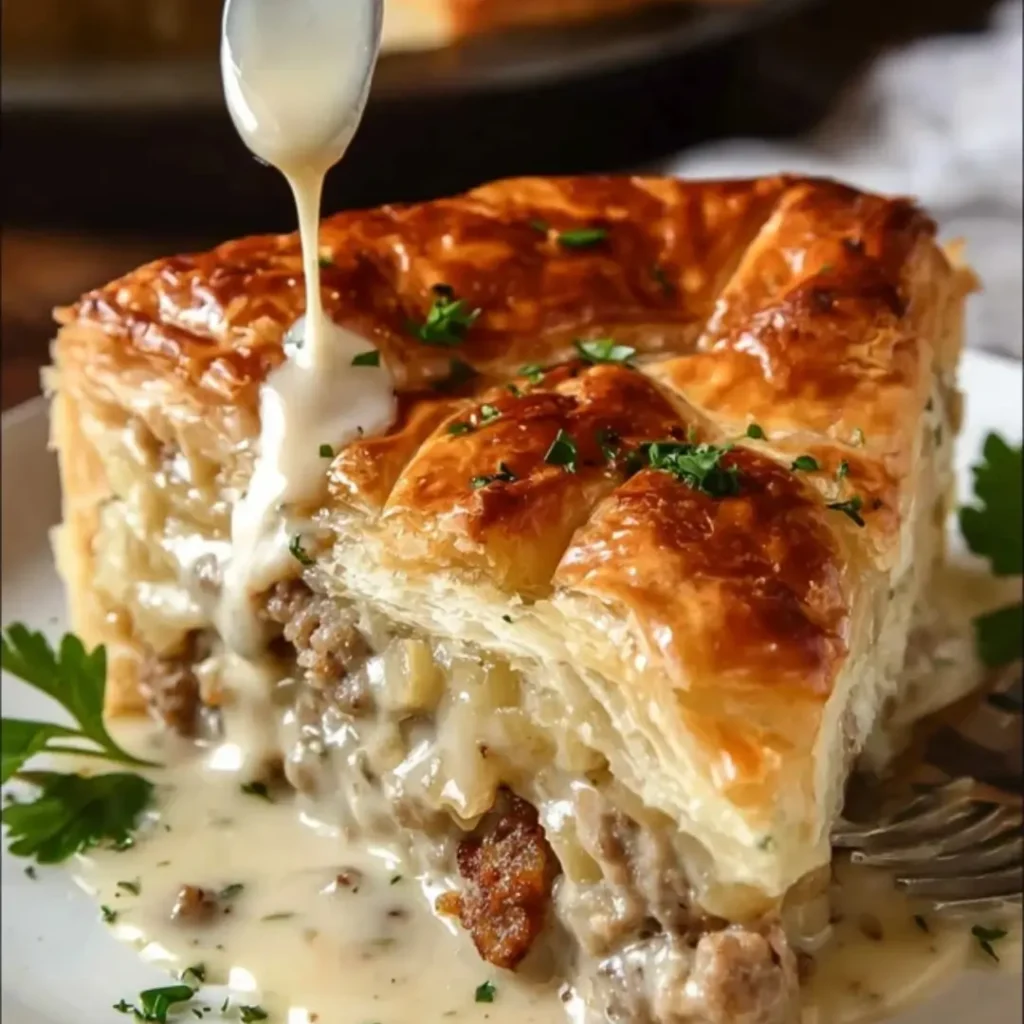 Slice of homemade Sausage Gravy Puff Pie showing the flaky crust and creamy, savory interior.