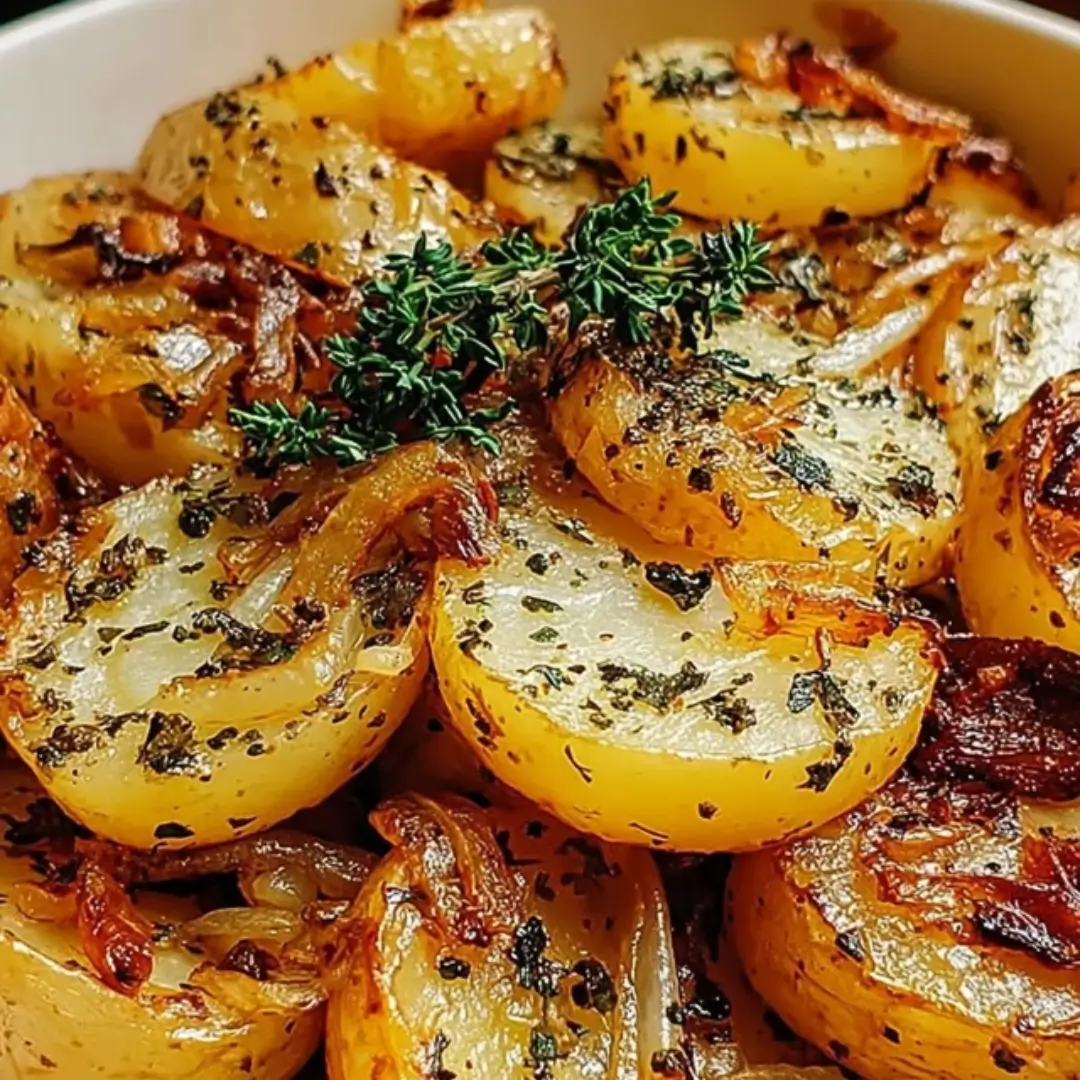 Close-up of tender, golden baby potatoes coated in savory Lipton Onion Soup mix seasoning, topped with fresh chopped parsley and melted Parmesan cheese.