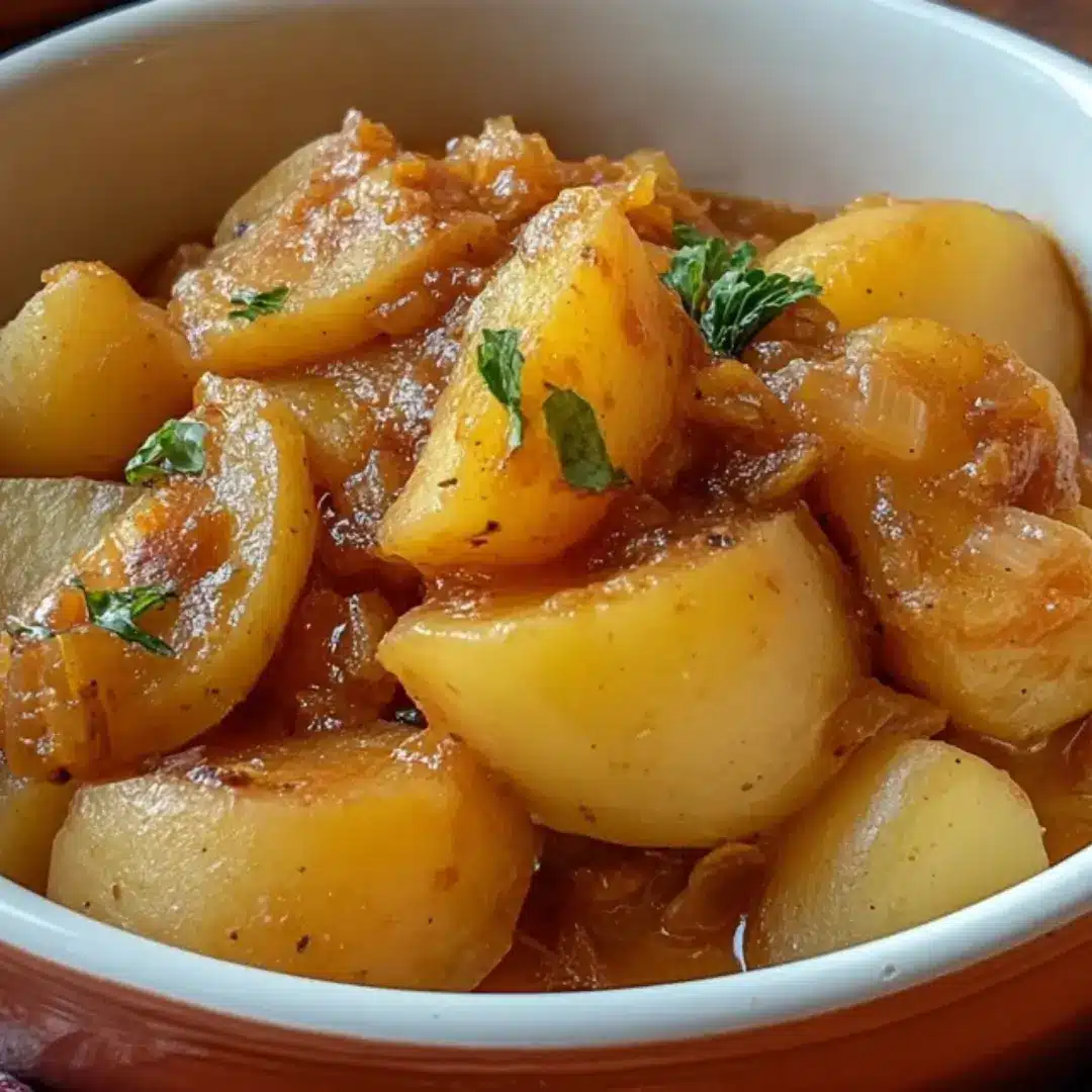Southern Stewed Potatoes in a bowl with butter and herbs, showing the creamy, tender chunks.