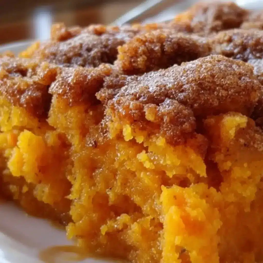 Close-up shot of Grandma's Southern Sweet Potato Cobbler in a baking dish with a golden, flaky top crust and bubbling spiced sweet potato filling.