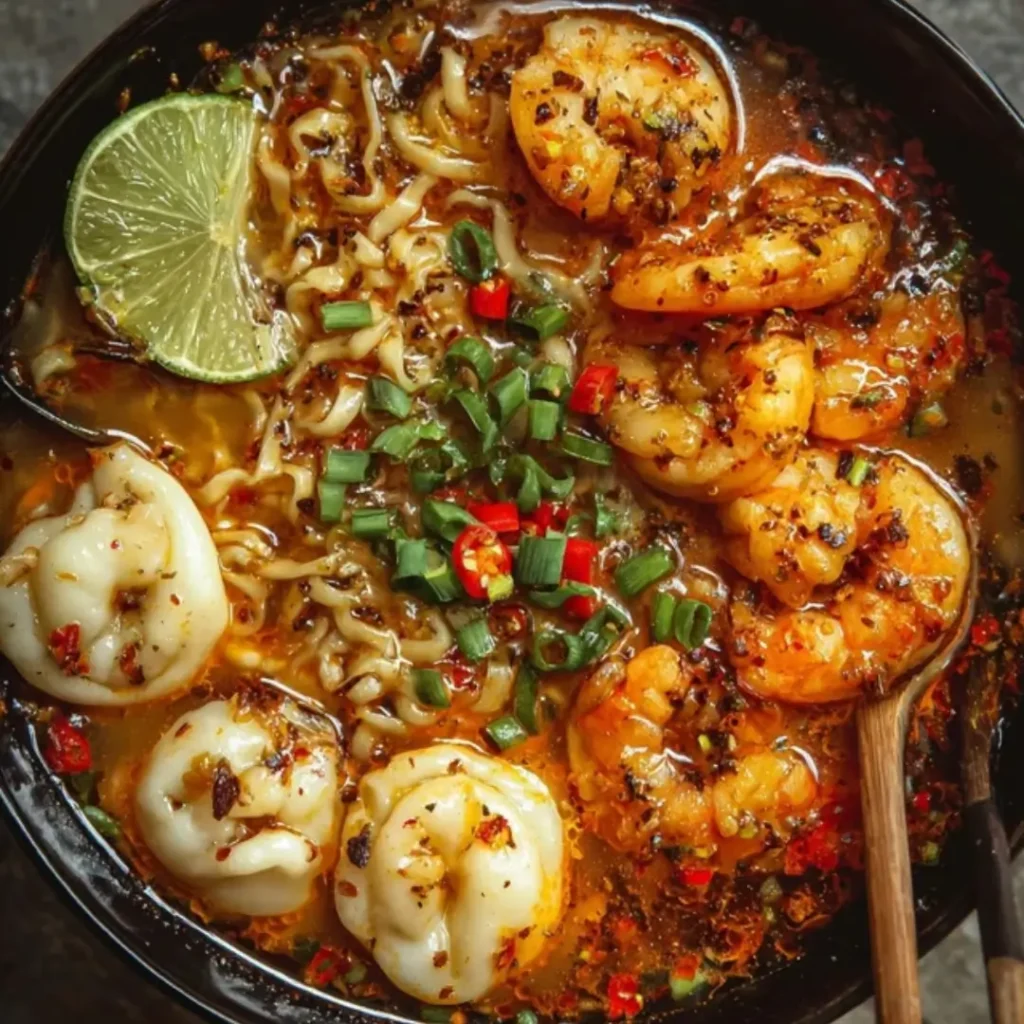 Spicy shrimp dumpling noodle soup served in a black bowl, garnished with fresh cilantro, green onions, and a lime wedge. The dumplings are floating in a rich, red chili broth.