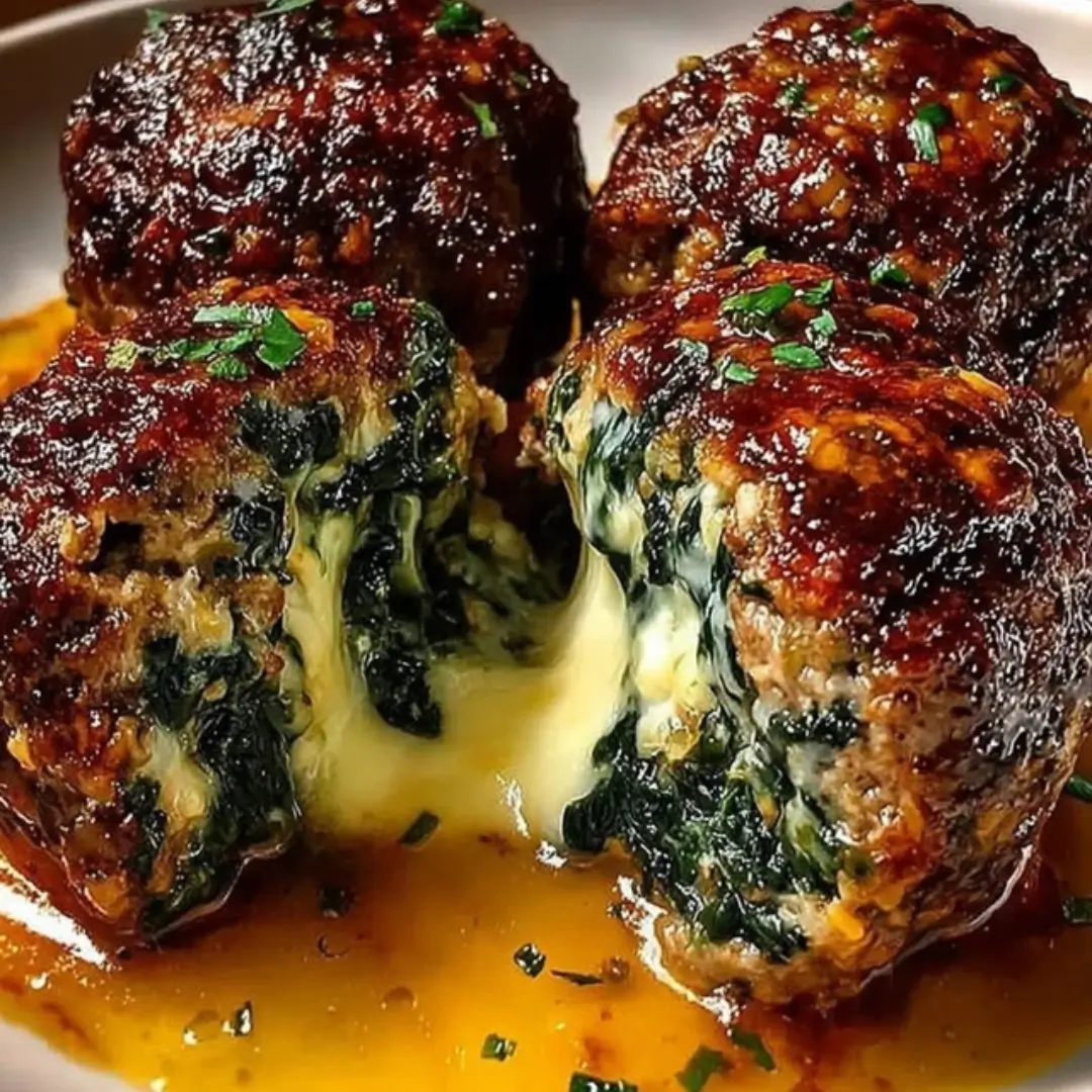 Spinach Garlic Meatballs stuffed with mozzarella cheese, served in marinara sauce and garnished with fresh basil.
