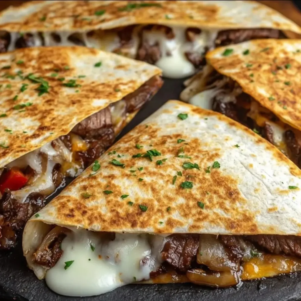 Flank steak and bell pepper quesadilla sliced in half, showing melted cheddar and mozzarella cheese and a golden-brown tortilla.