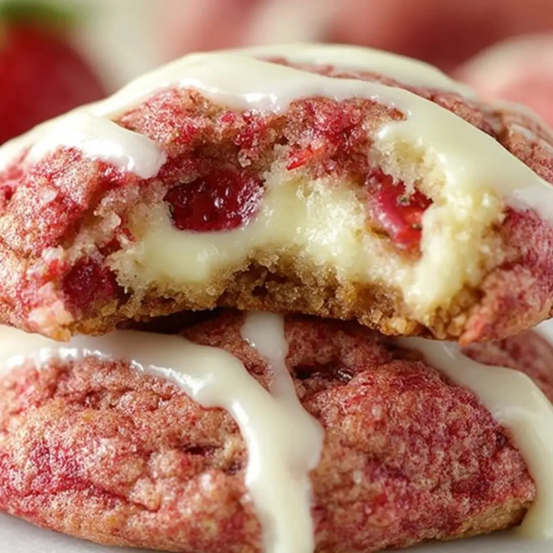 Close-up of baked Strawberry Cheesecake Cookies, showing the creamy white filling and a bright red strawberry topping set into the soft sugar cookie.