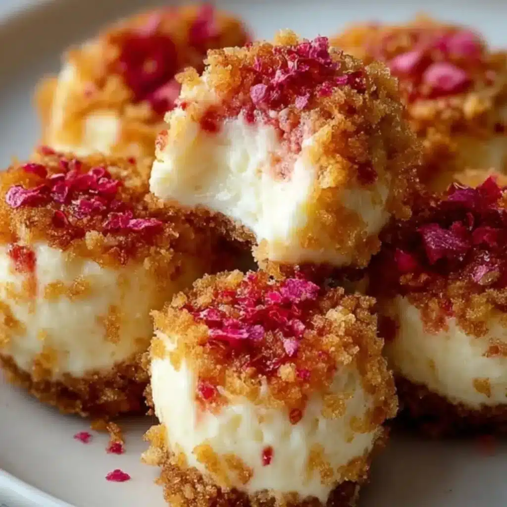 A close-up shot of no-bake Strawberry Crunch Cheesecake Bites layered with a Golden Oreo crust, creamy filling, and a pink, crunchy topping.