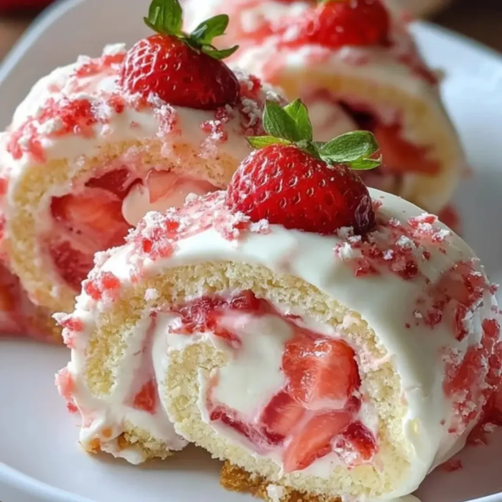 A close-up of Strawberry Shortcake Cheesecake Rolls, sliced and standing upright, showing the flaky puff pastry, creamy white cheesecake filling, and red strawberry jam swirls, topped with a crunchy strawberry shortcake crumble.