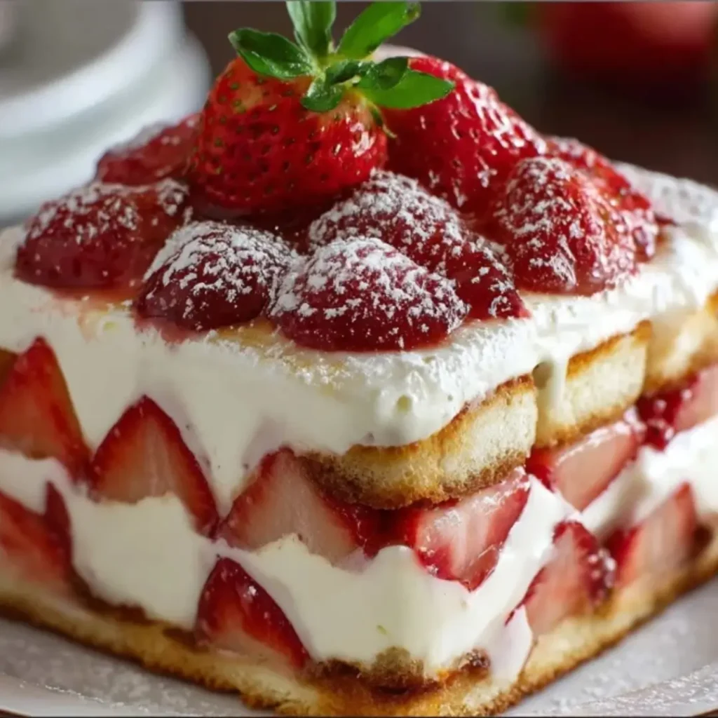 No-bake Strawberry Tiramisu with layers of fresh sliced strawberries, mascarpone cream, and ladyfinger biscuits.