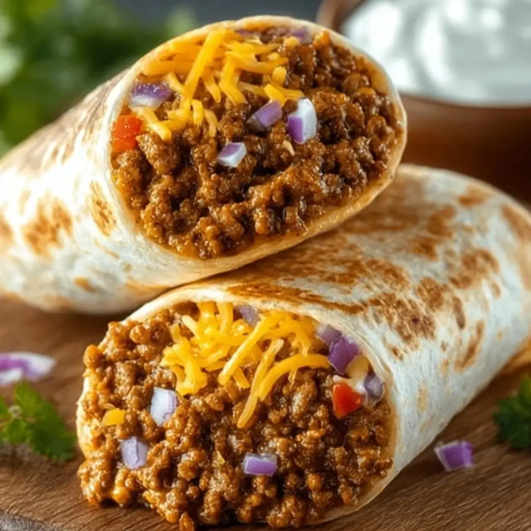Homemade Taco Bell Beefy Melt Burrito, toasted and cut in half, showing the layers of seasoned beef, Mexican rice, creamy nacho cheese, sour cream, and crunchy Fritos corn chips.