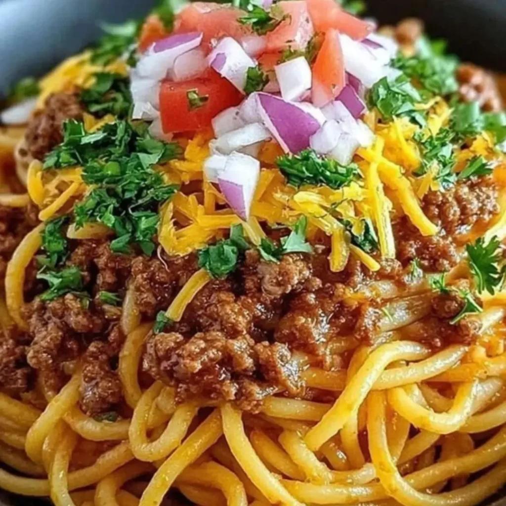 Close-up of creamy, cheesy Taco Spaghetti being tossed in a large skillet with ground beef and sauce.