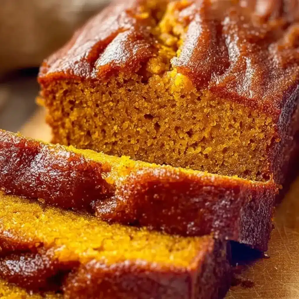 Sliced loaf of super moist tender pumpkin bread on a wire rack, sprinkled with powdered sugar, with whole pecans visible.