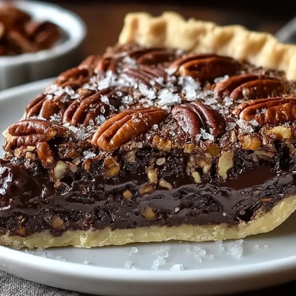 A close-up slice of rich Texas Chocolate Pecan Pie on a white plate, showing the flaky crust, gooey chocolate filling, and whole pecan halves sprinkled with flaky sea salt.