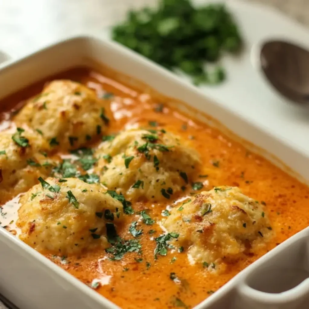 Close-up of a white rectangular baking dish filled with creamy orange-red tomato soup. Four fluffy, golden-brown Cheddar Bay Dumplings rest in the soup and are topped with chopped fresh parsley.