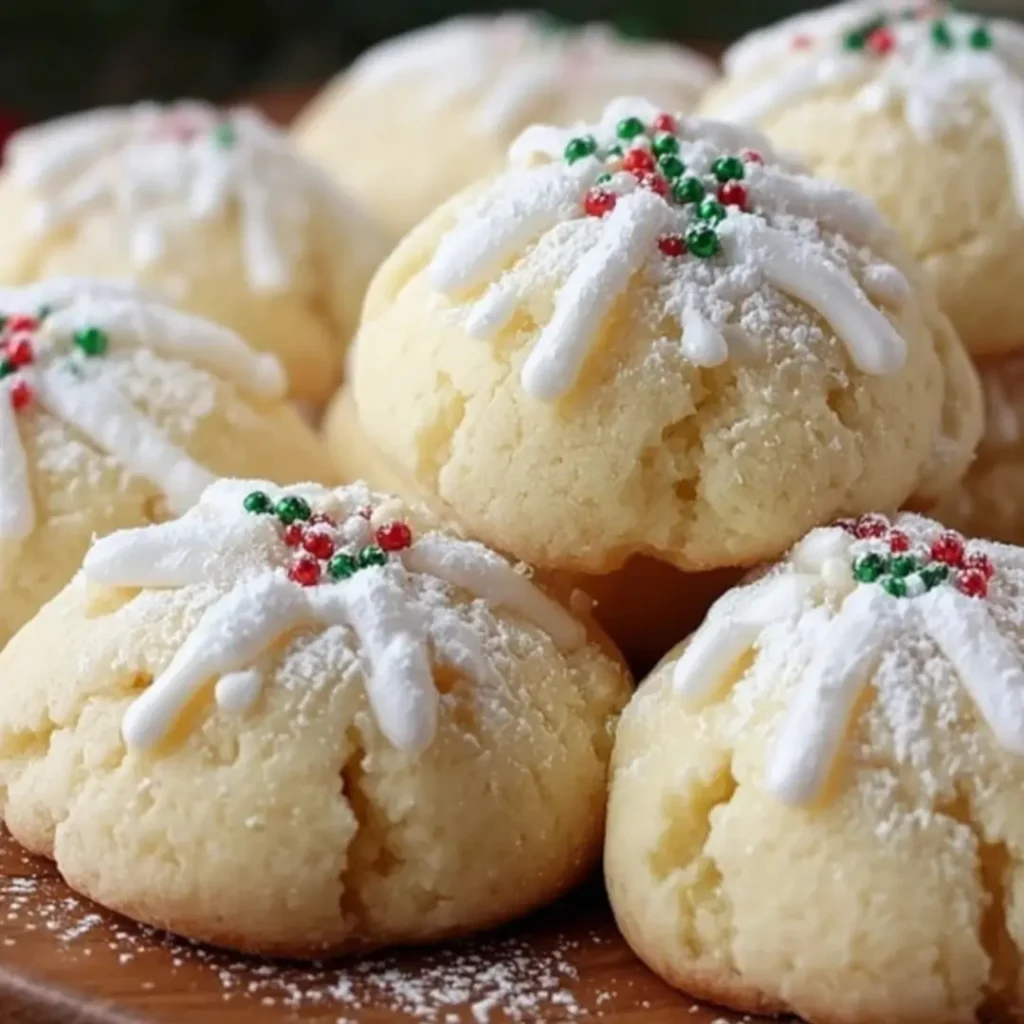Soft, round Italian anise cookies with a white glaze and colorful nonpareil sprinkles on a cooling rack.