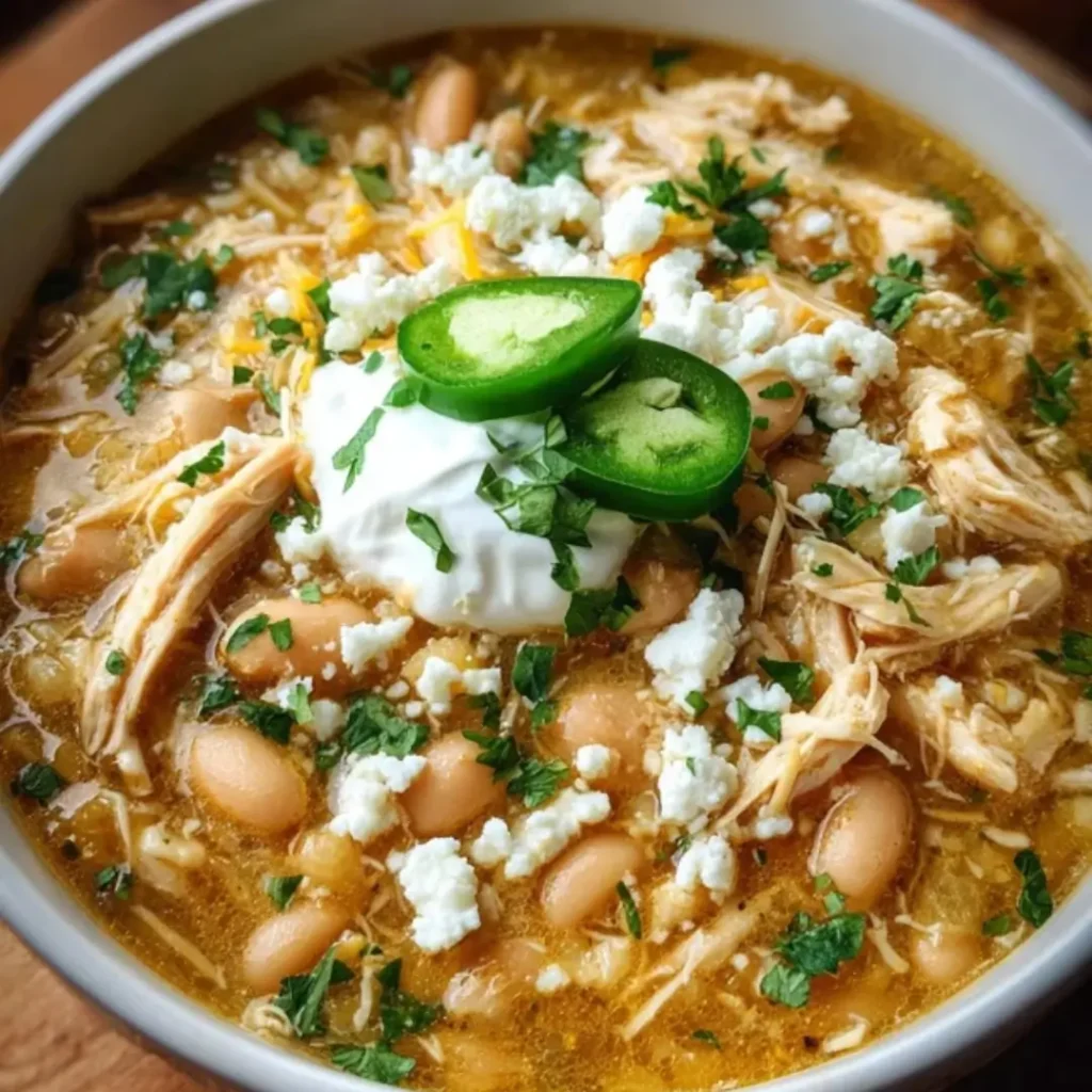 Creamy White Chicken Chili in a rustic white bowl, topped with shredded Monterey Jack cheese, fresh cilantro, and a lime wedge. The rich, thick soup contains diced chicken, white beans, and corn kernels.