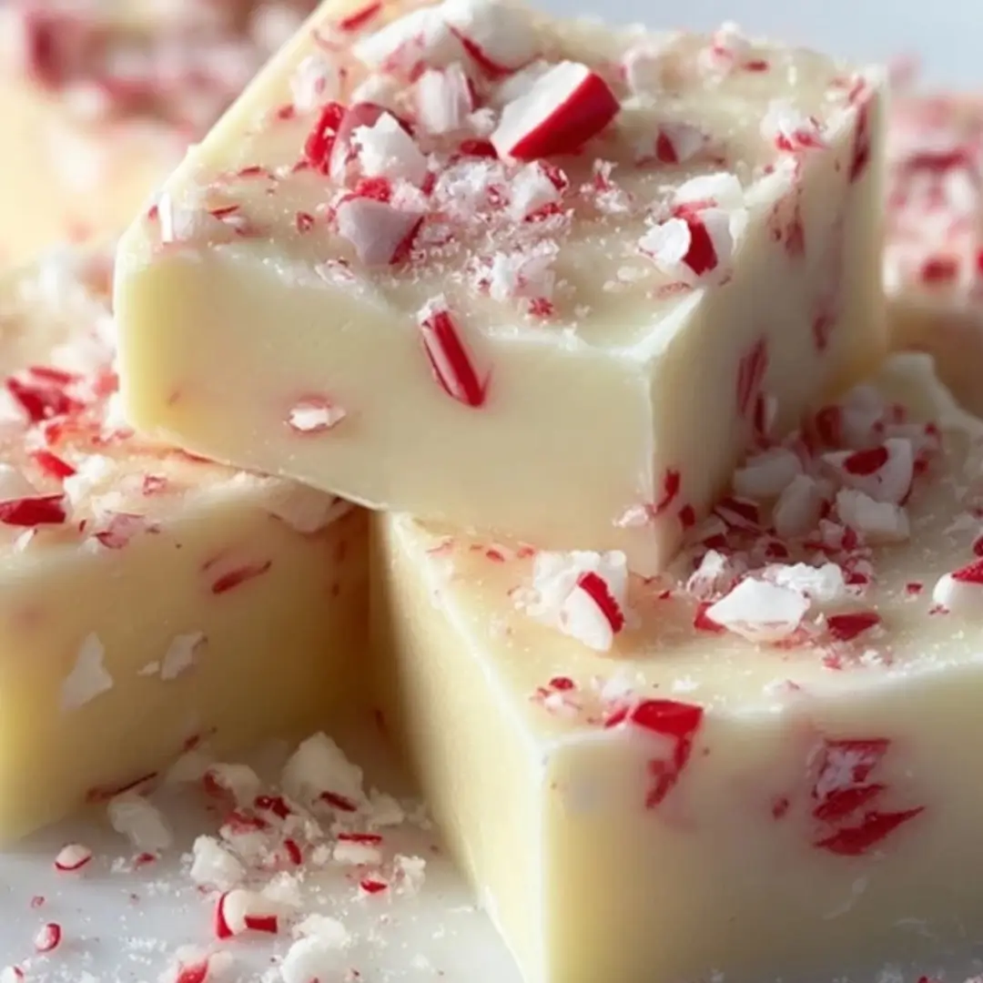 Sliced white chocolate peppermint fudge squares topped with crushed red and white candy canes on a parchment-lined cutting board.