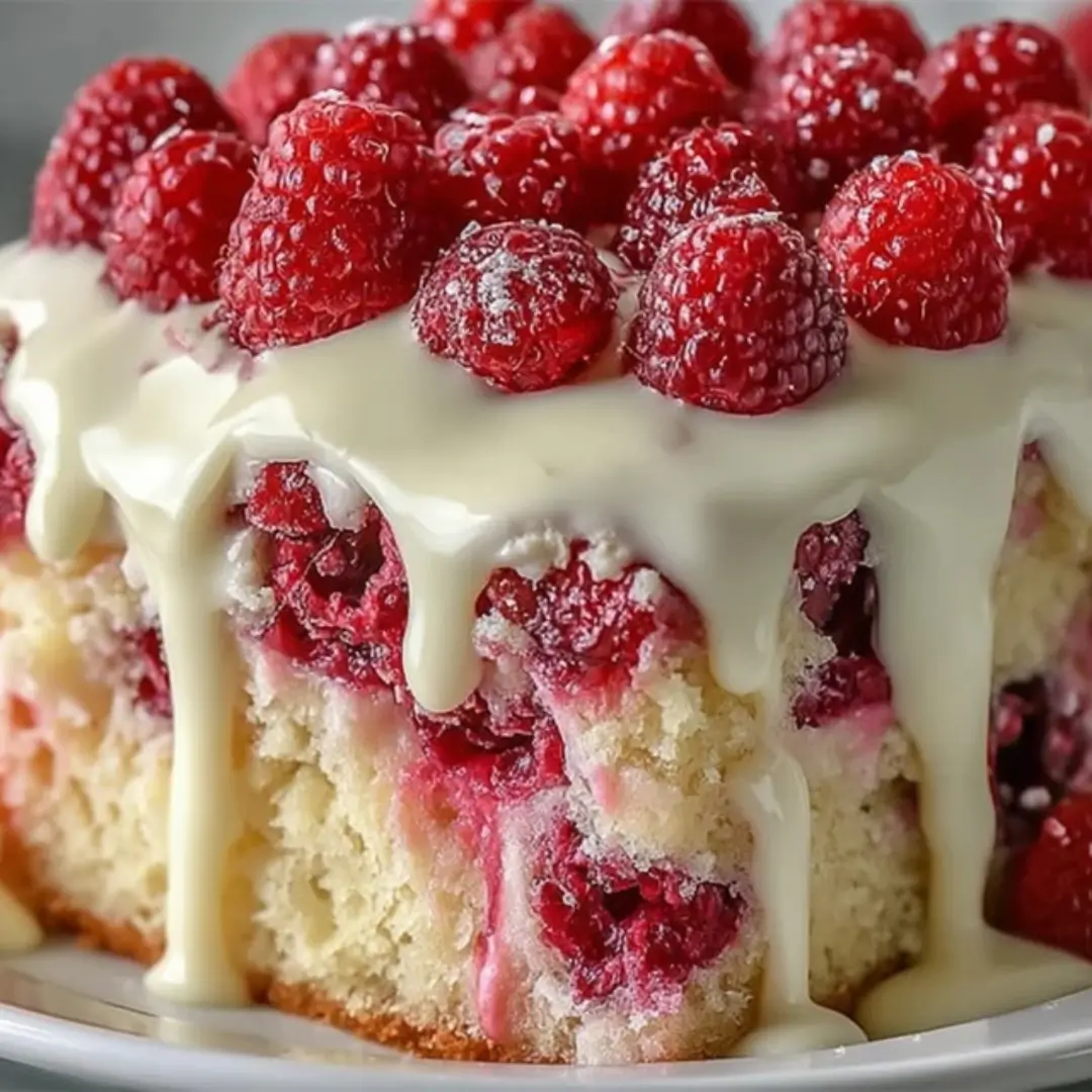 A close-up shot of a White Chocolate Raspberry Poke Cake in a glass 9x13-inch dish, showing layers of white cake, pink raspberry filling seeping into the holes, creamy white chocolate pudding, and fluffy whipped cream, topped with fresh raspberries and white chocolate shavings.