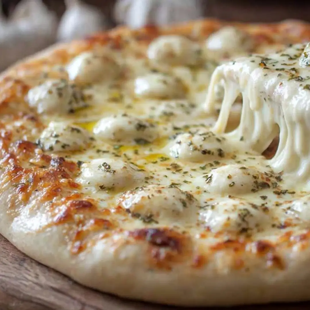 Close-up of a homemade white pizza with creamy garlic sauce and melted mozzarella or ricotta balls, topped with dried Italian herbs, with a slice being pulled away showing a dramatic cheese pull.