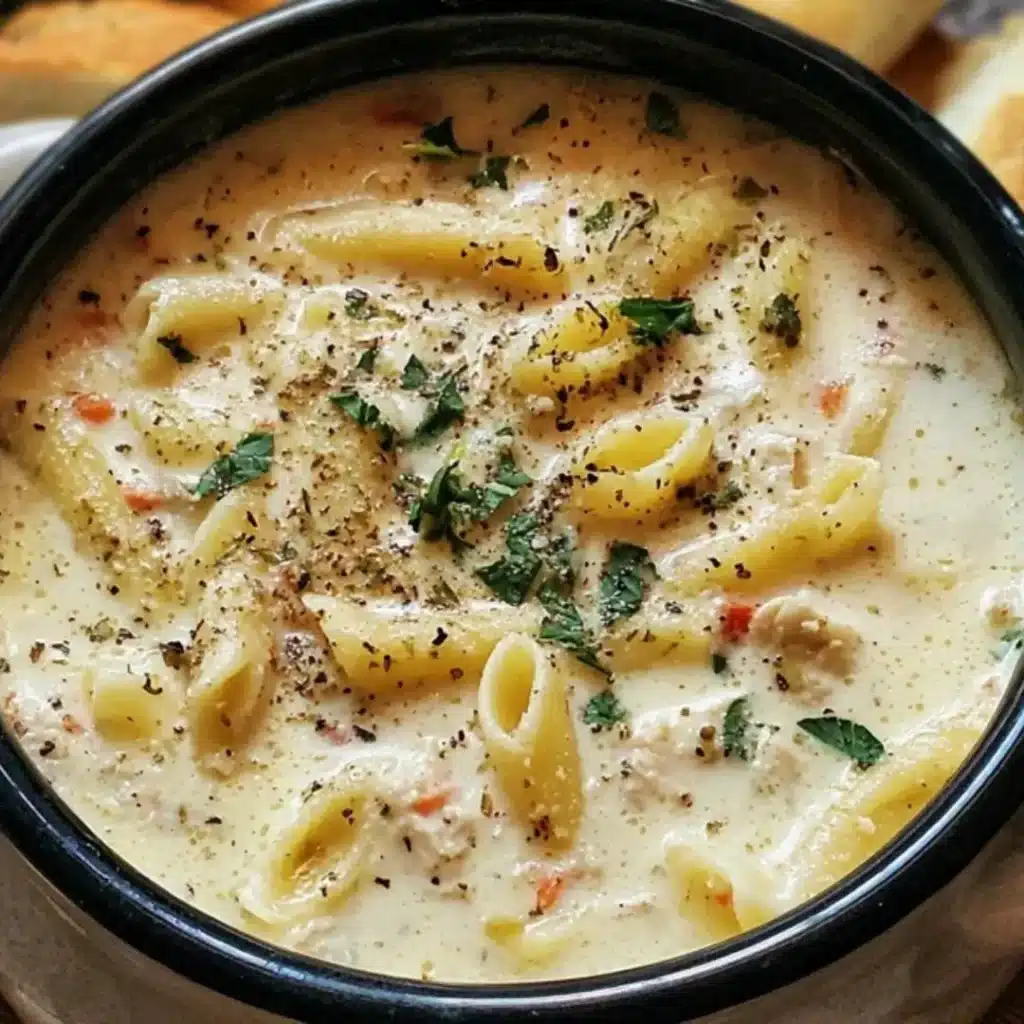 Creamy White Lasagna Soup with shredded chicken, sun-dried tomatoes, spinach, and broken pasta noodles in a bowl.