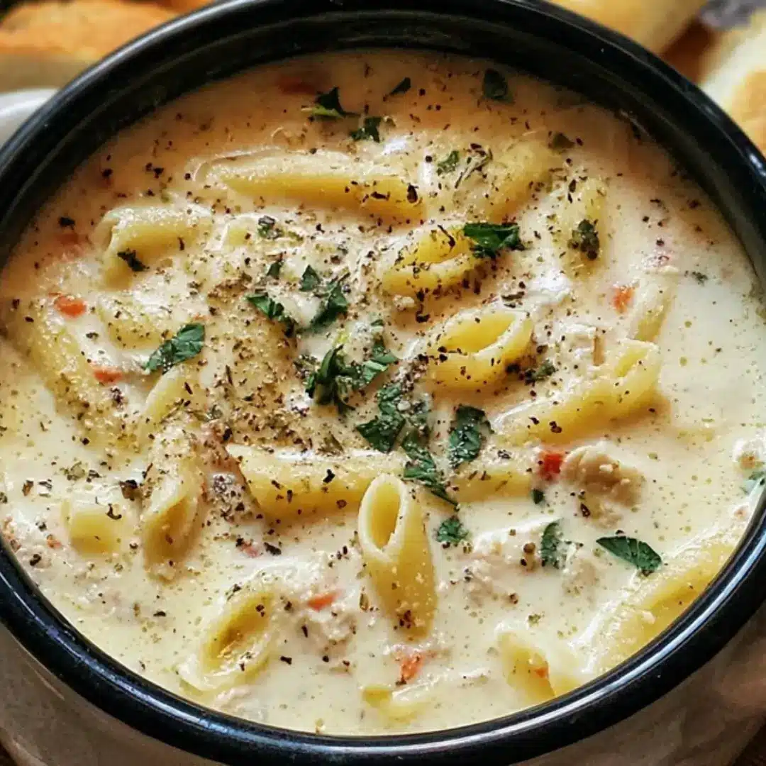 Creamy White Lasagna Soup with shredded chicken, sun-dried tomatoes, spinach, and broken pasta noodles in a bowl.