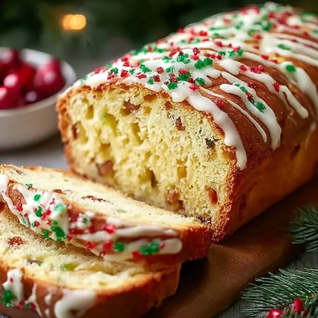 Braided Festive Christmas Bread loaf with honey glaze and powdered sugar on a wooden board with cranberries and holiday greenery.
