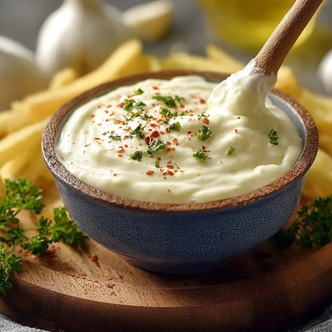Creamy homemade garlic aioli sauce in a small white bowl next to a wooden spoon, garnished with fresh chopped parsley.