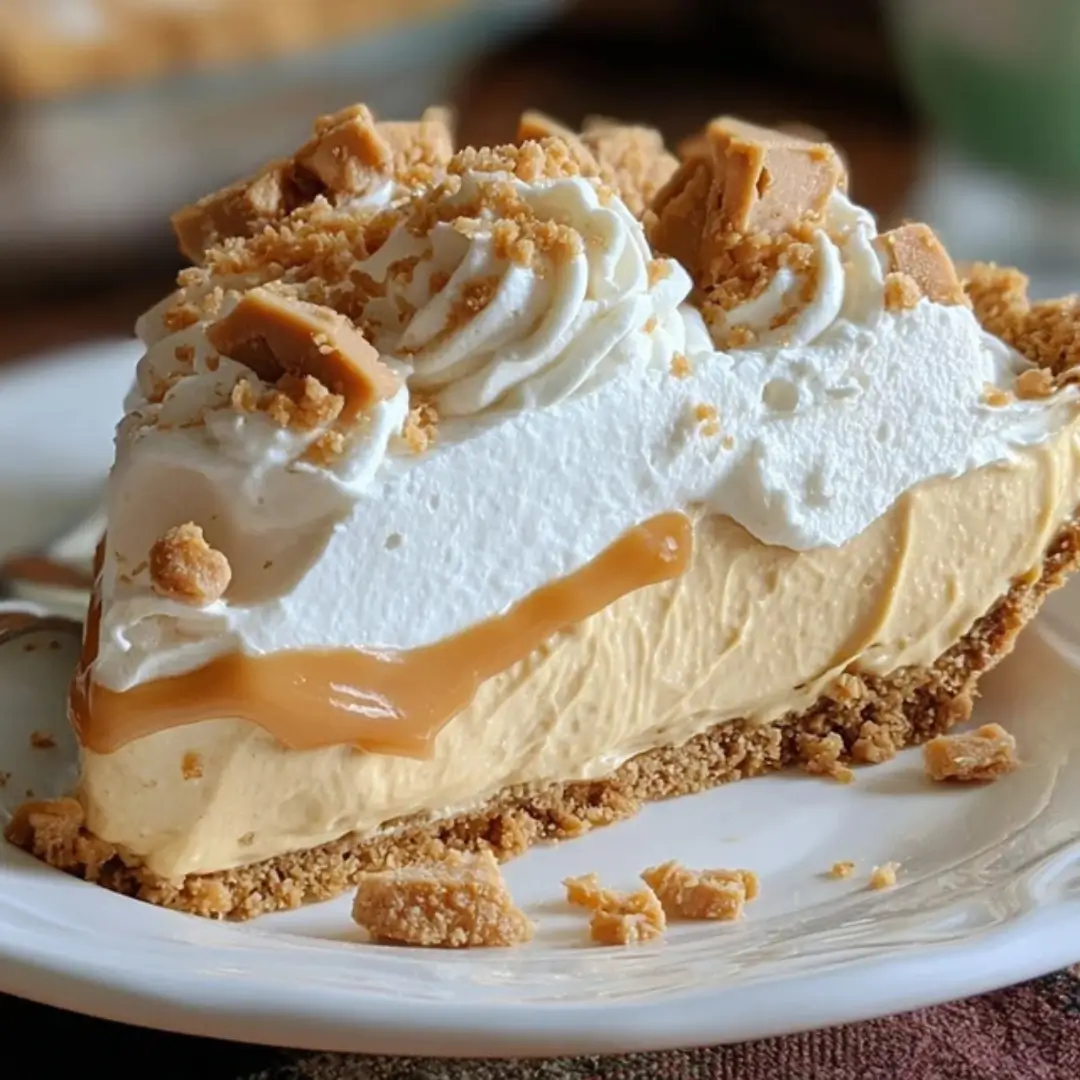 A generous slice of Amish Peanut Butter Cream Pie on a white plate, featuring a thick graham cracker crust, creamy peanut butter filling, a swirl of white whipped cream topping, and pieces of peanut butter candy crumbs.