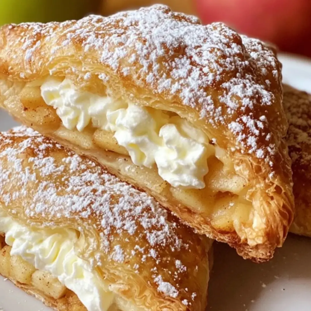 Two halves of a baked, cream-filled apple turnover dusted heavily with powdered sugar, showcasing the flaky pastry and spiced apple filling.
