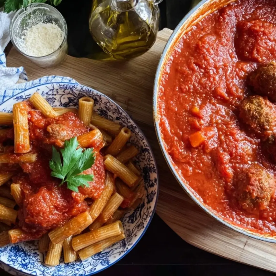 A large pan of rich, chunky red Sunday Sauce with meatballs next to a plate of rigatoni pasta topped with the sauce and a parsley garnish.