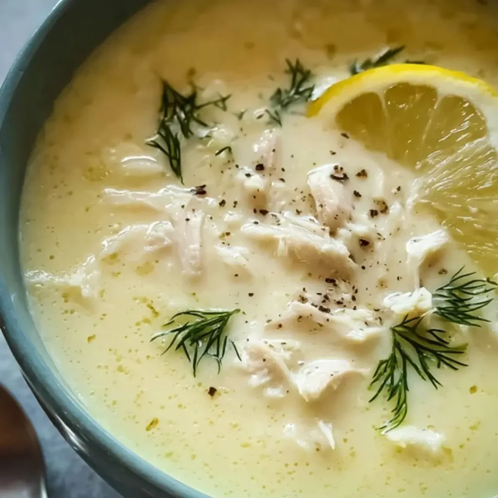Close-up of creamy Greek Avgolemono chicken soup in a blue bowl, garnished with shredded chicken, black pepper, fresh dill, and a lemon slice.