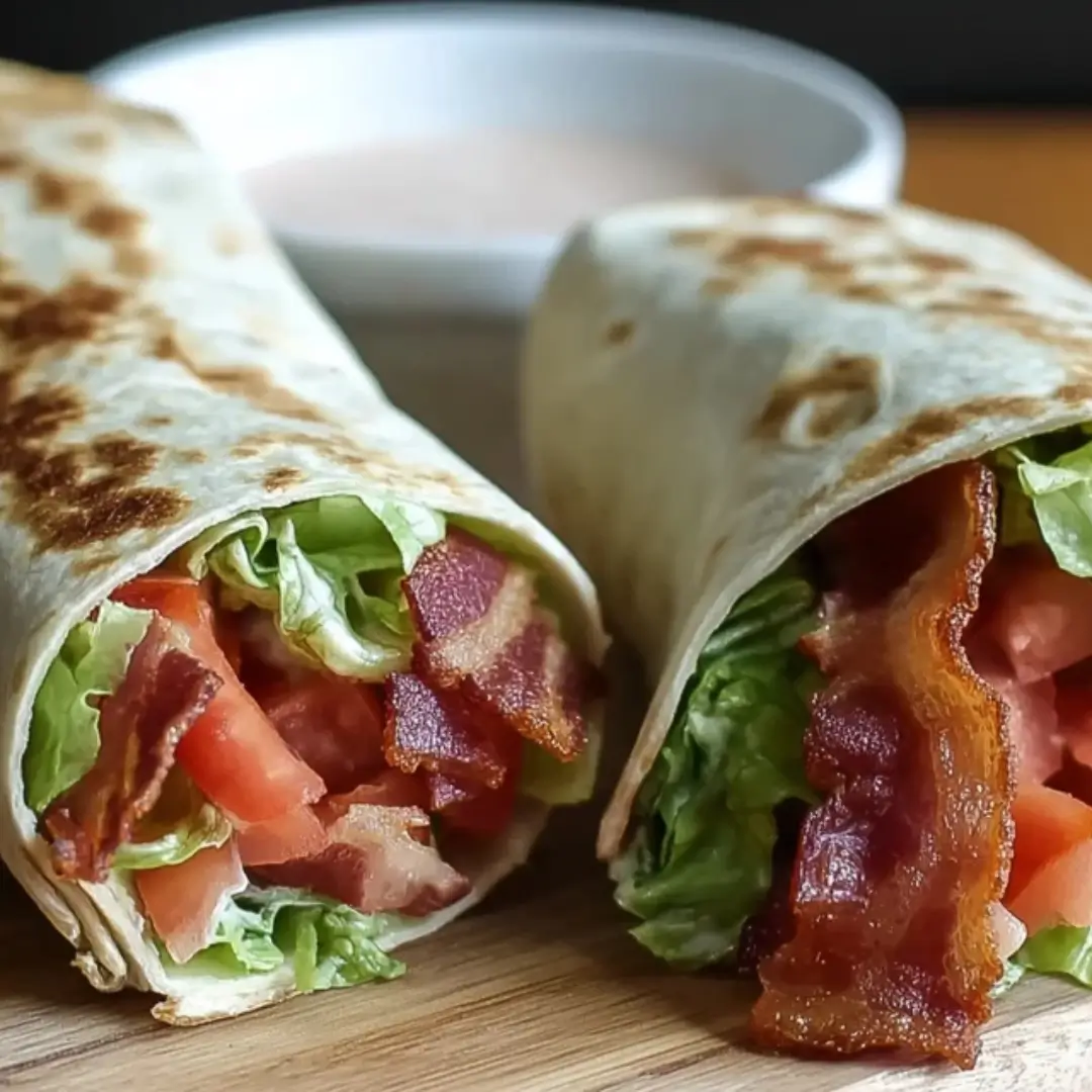 Close-up image of two BLT wraps cut diagonally, filled with crispy bacon, fresh lettuce, red tomato slices, and a creamy secret sauce.