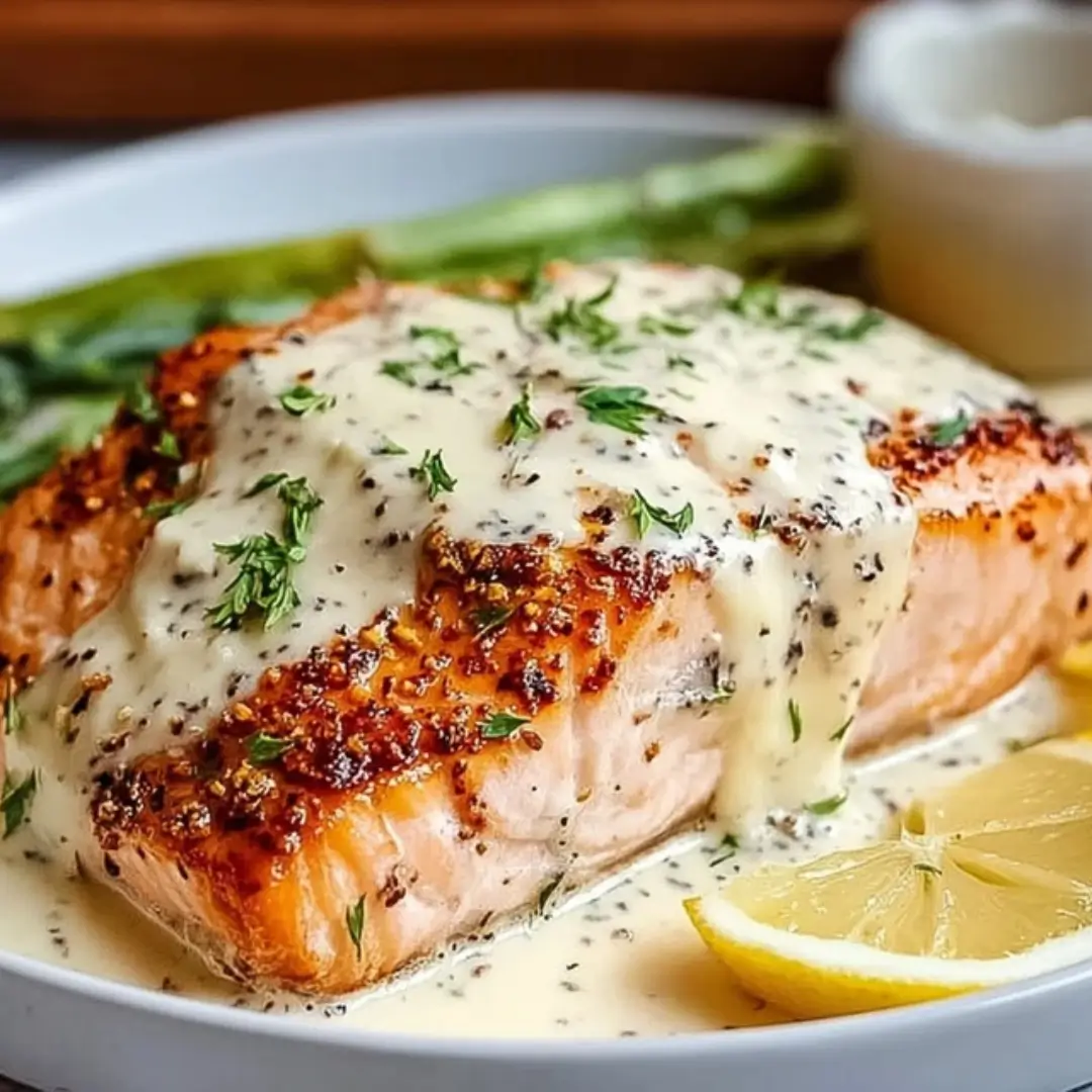 Close-up of a perfectly cooked salmon fillet covered in melted Boursin cheese sauce and black pepper, garnished with fresh herbs, served on a white plate with lemon wedges and a side of green vegetables.