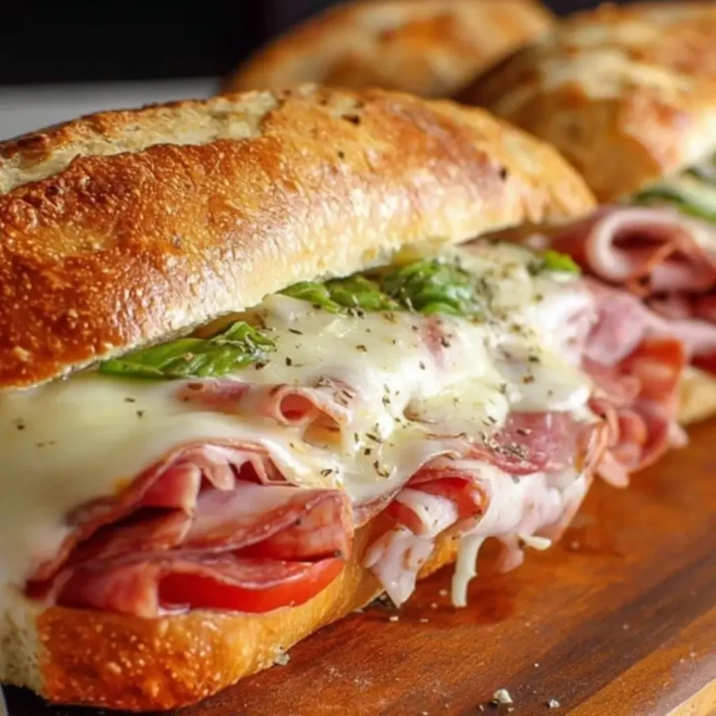 Close-up of a perfectly toasted baked Italian sub sandwich loaded with melted provolone cheese, sliced salami and ham, fresh basil, and tomatoes, served on a wooden board.