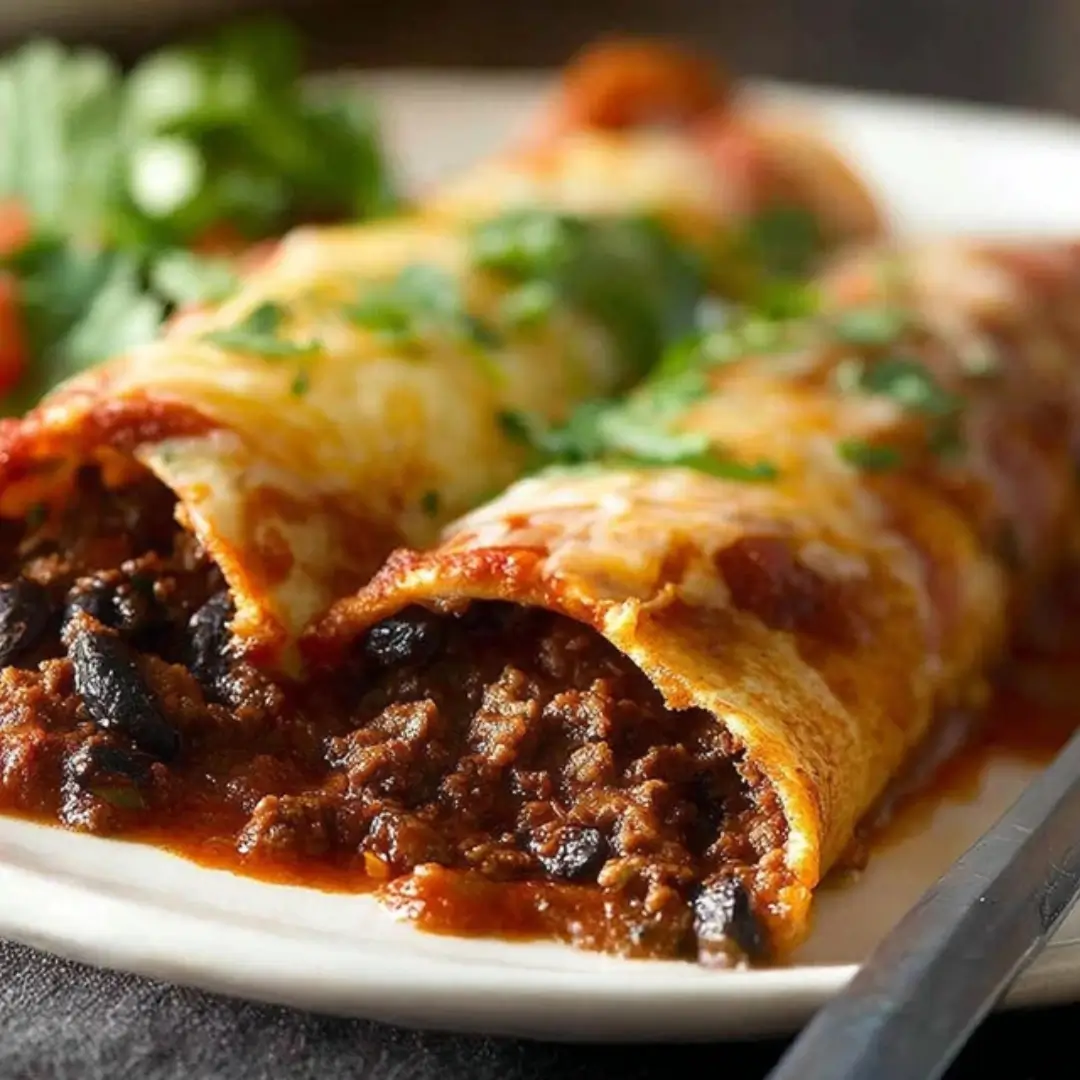 Two tightly rolled beef enchiladas covered in red sauce, melted cheddar cheese, and fresh cilantro, served on a white plate.