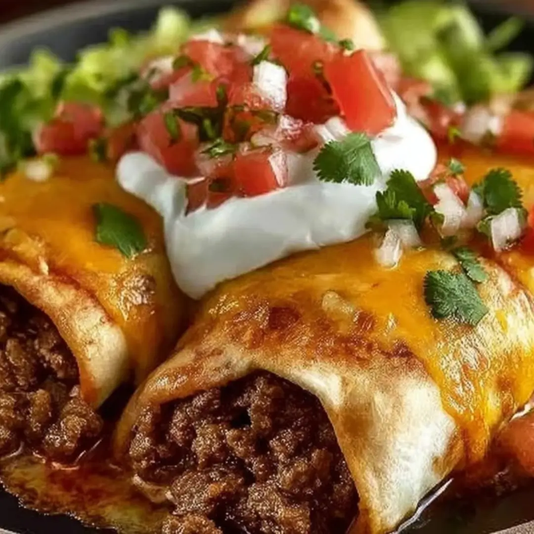 Baked beef and cheese chimichangas topped with sour cream, pico de gallo, and fresh cilantro, served with a side of lettuce.