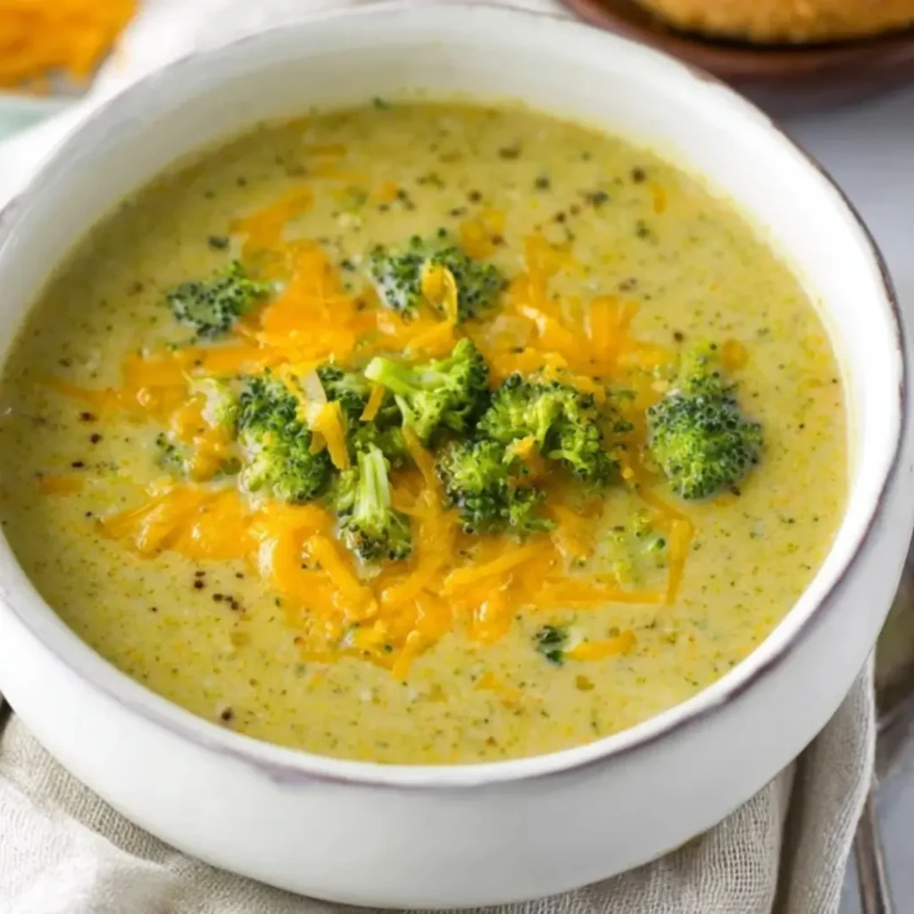A close-up shot of a creamy, velvety homemade Broccoli Cheddar Soup in a white bowl, garnished with shredded sharp cheddar cheese and fresh, bright green broccoli florets.