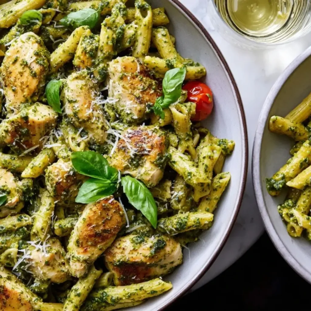 A close-up shot of creamy chicken pesto pasta featuring penne noodles, slices of golden-brown seasoned chicken breast, and vibrant green basil pesto sauce, garnished with fresh basil leaves and grated Parmesan cheese.