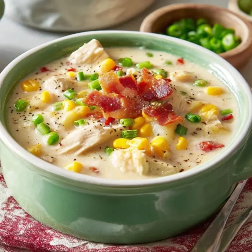 A thick, creamy bowl of Chicken and Corn Chowder, topped with crumbled crispy bacon, sliced green onions, and black pepper.