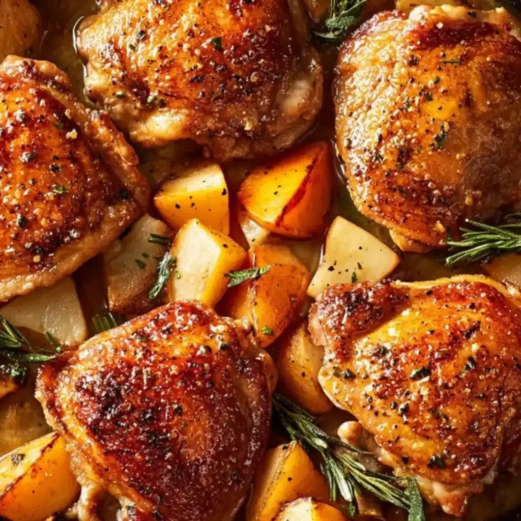Close-up of four crispy, golden-brown cider glazed chicken thighs nestled among roasted potatoes, seasoned with fresh herbs and glistening with sweet and savory glaze.