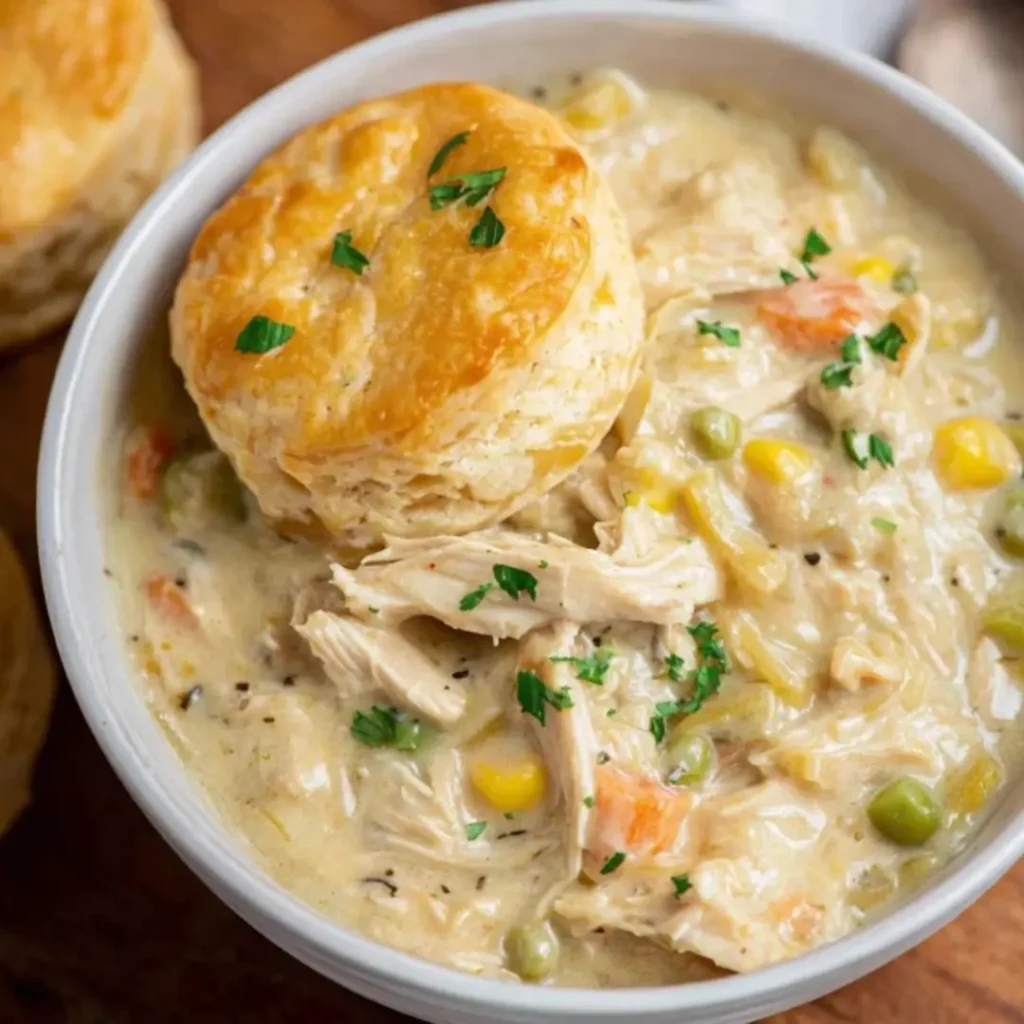 Creamy chicken pot pie filling loaded with shredded chicken, carrots, peas, and corn, served in a bowl and topped with a single, golden-brown, flaky baked biscuit, garnished with fresh parsley.