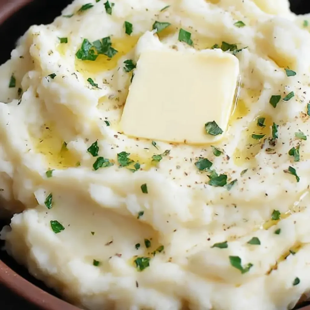 Creamy vegan mashed potatoes topped with a melting square of vegan butter, a sprinkle of fresh chopped parsley or chives, and black pepper.