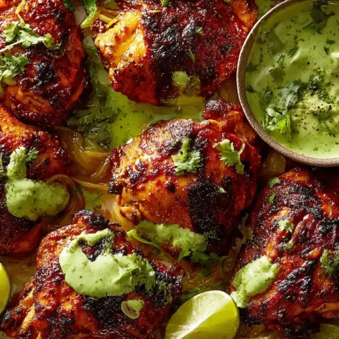 Crispy, dark-meat Peruvian Chicken pieces (Pollo a la Brasa) dusted with savory spices and drizzled with bright, creamy Aji Verde (Green Sauce).