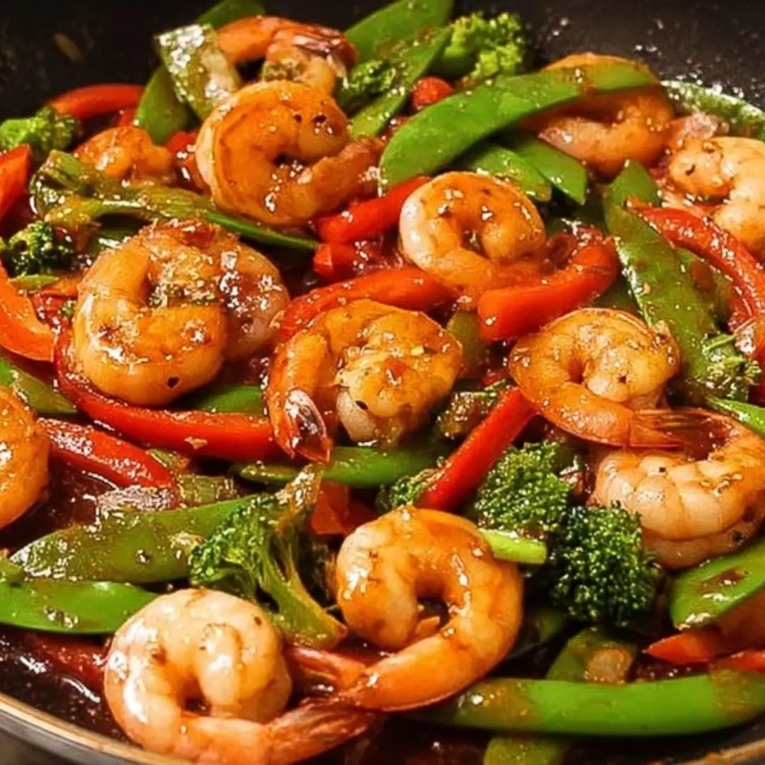 Close-up of glossy shrimp and bright stir-fried vegetables (red bell peppers, snap peas, and broccoli florets) coated in a savory brown sauce in a black skillet.
