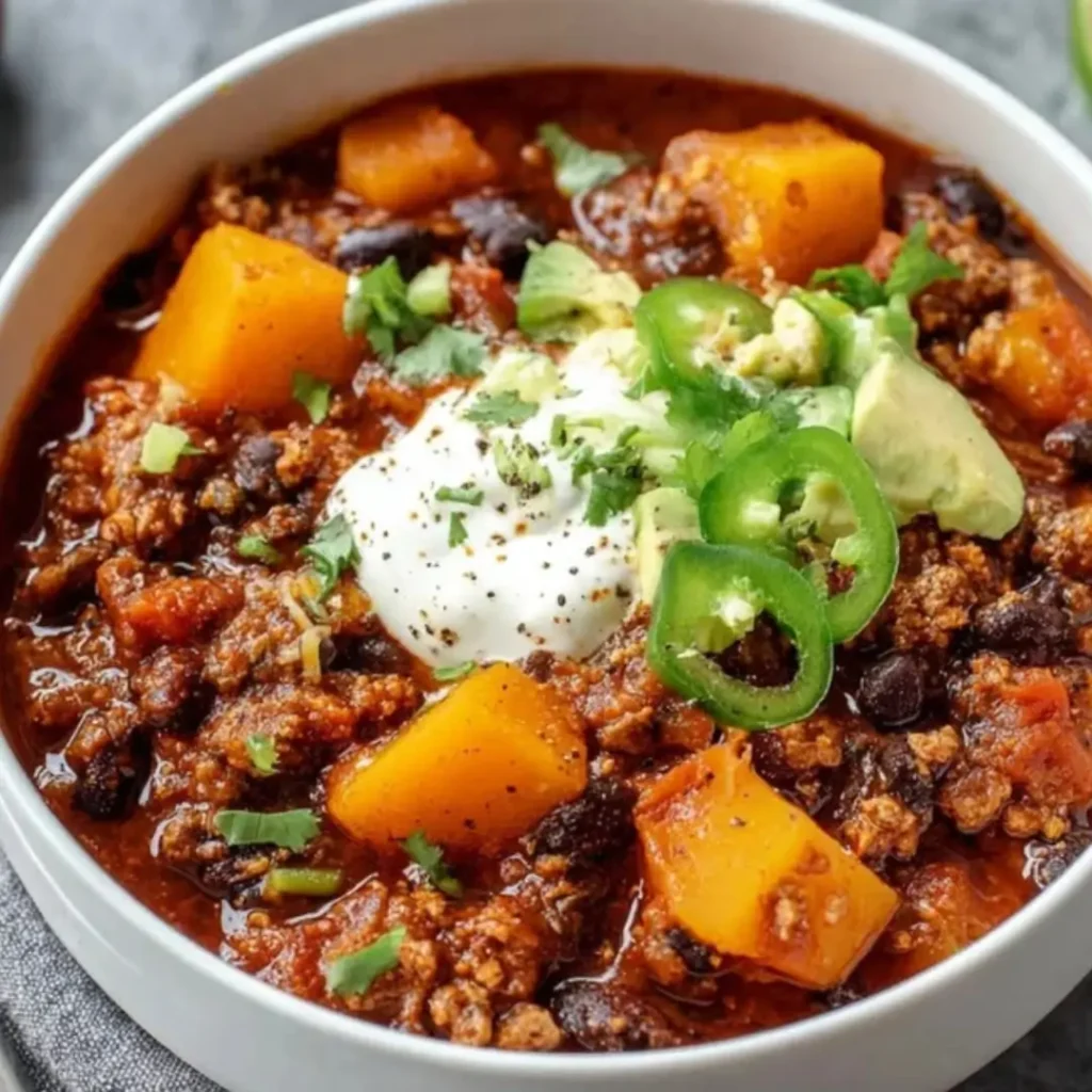 A close-up, top-down view of a hearty bowl of Black Bean Butternut Squash Turkey Chili, garnished with a dollop of sour cream or Greek yogurt, fresh green cilantro, and sliced green jalapeños and diced avocado.