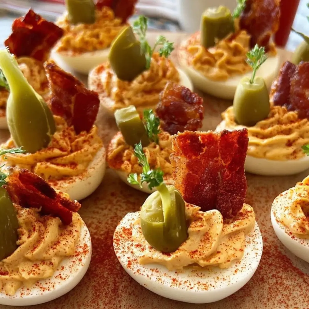 Bloody Mary Deviled Eggs garnished with crispy bacon, paprika, and a pickle spear