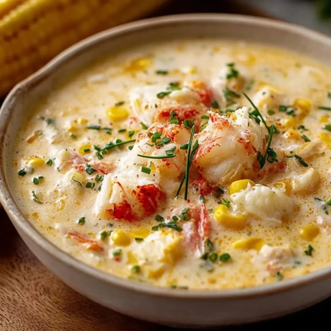 Bobby Flay's Crab and Corn Chowder garnished with fresh chives, showing large flakes of white crab meat, sweet yellow corn, and a creamy, golden broth.